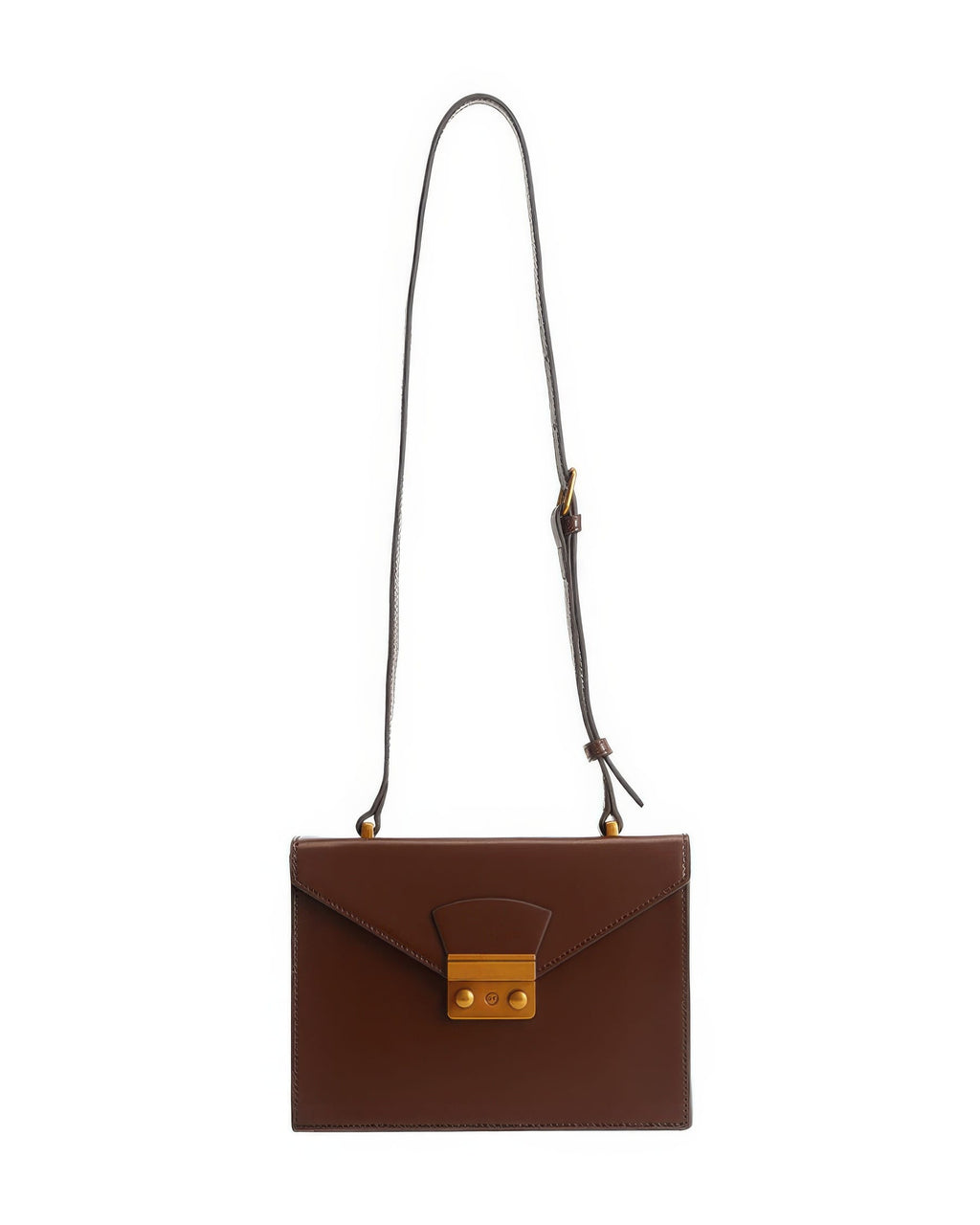 Front view product shot of a dark brown structured leather envelope flap shoulder bag with an adjustable strap and vintage gold push-lock closure on a white background.
