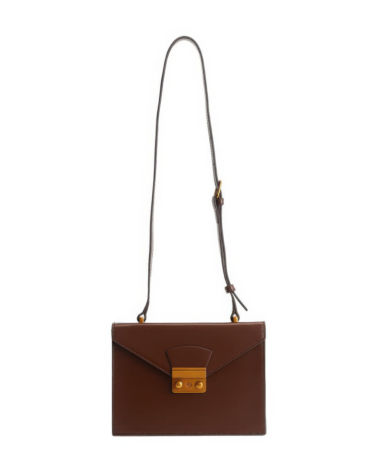 Front view product shot of a dark brown structured leather envelope flap shoulder bag with an adjustable strap and vintage gold push-lock closure on a white background.