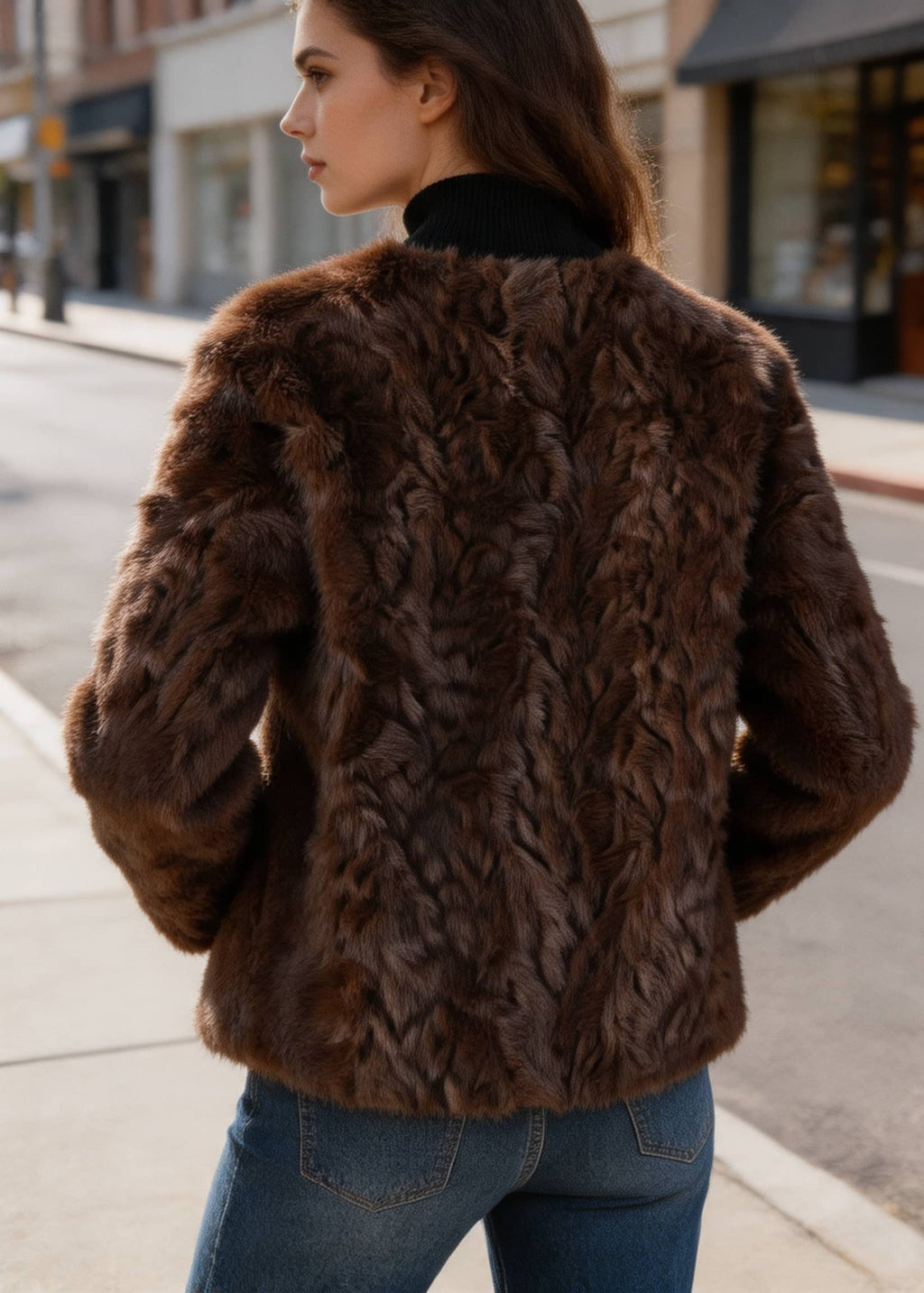 Back view of a woman wearing a dark brown textured faux fur jacket outdoors.
