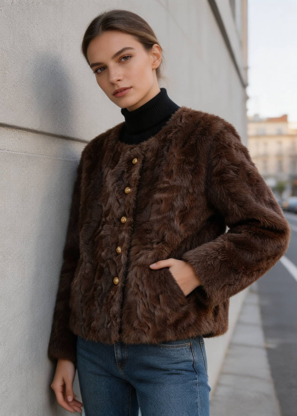 Close-up shot of a woman leaning against a wall, wearing a dark brown textured faux fur jacket with gold buttons and a black turtleneck.
