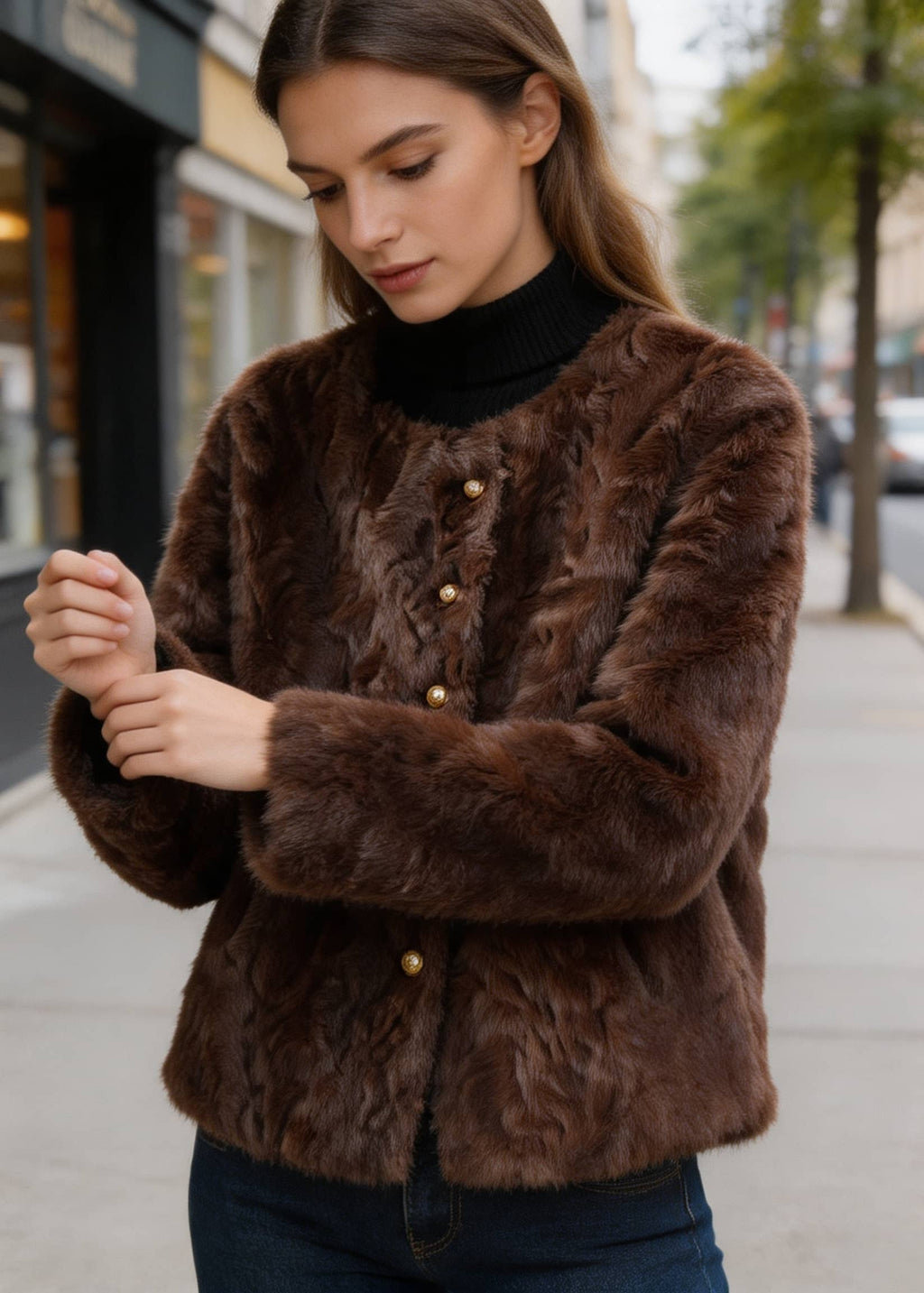Medium shot of a model adjusting the cuff of a dark brown plush faux fur winter coat featuring gold front buttons.