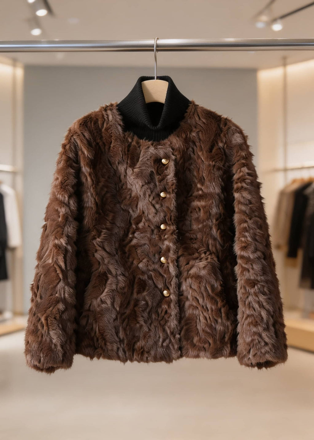 Front view of a women's dark brown plush faux fur jacket with gold buttons hanging on a rack.
