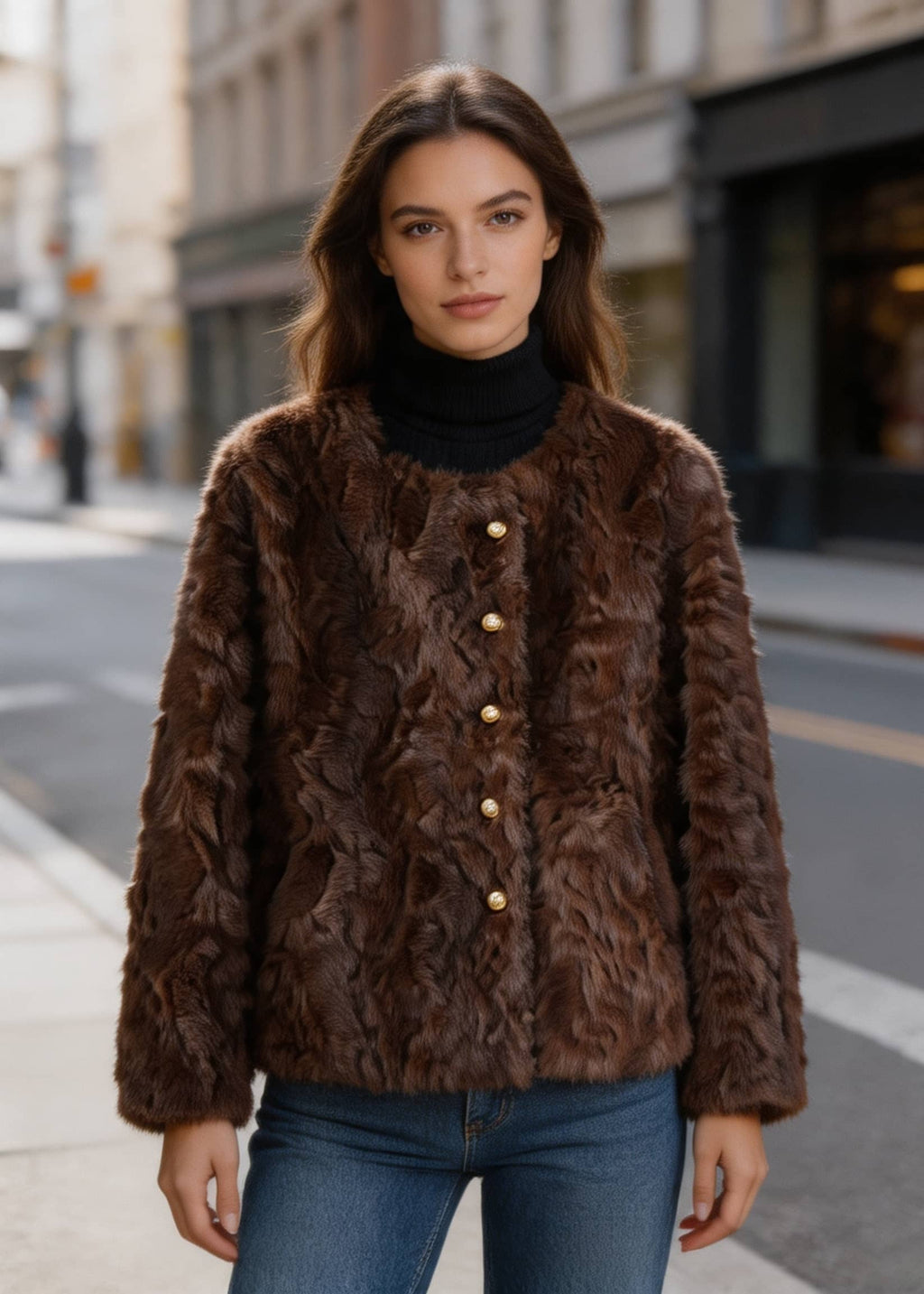 Front portrait of a woman wearing a buttoned dark brown textured faux fur coat over a black turtleneck.