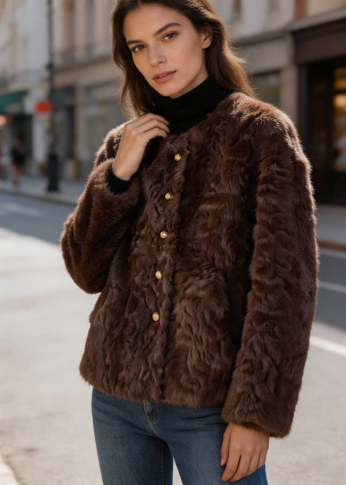 Side view of a model in a dark brown fluffy faux fur jacket featuring decorative gold buttons.
