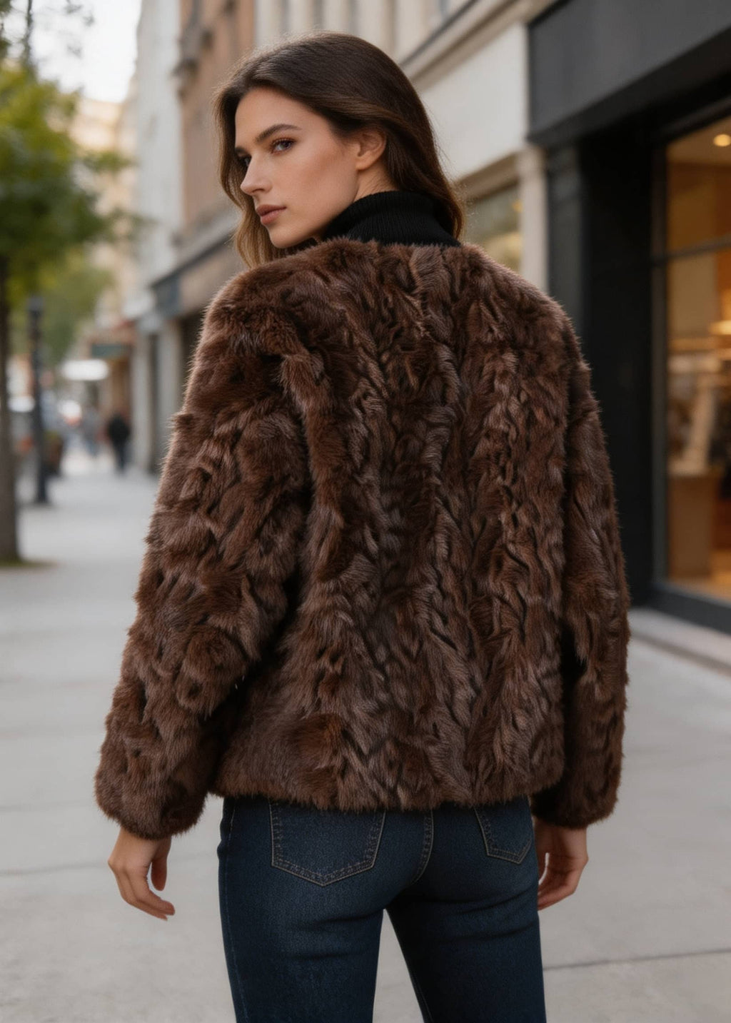 Rear angle of a female model wearing a textured dark brown faux fur winter jacket on a city street.