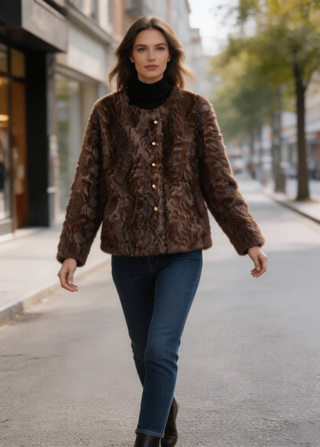 Full-length view of a woman walking outdoors in a dark brown faux fur jacket paired with blue jeans.