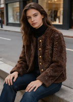 Female model sitting outdoors wearing a short dark brown faux fur jacket with gold front buttons.