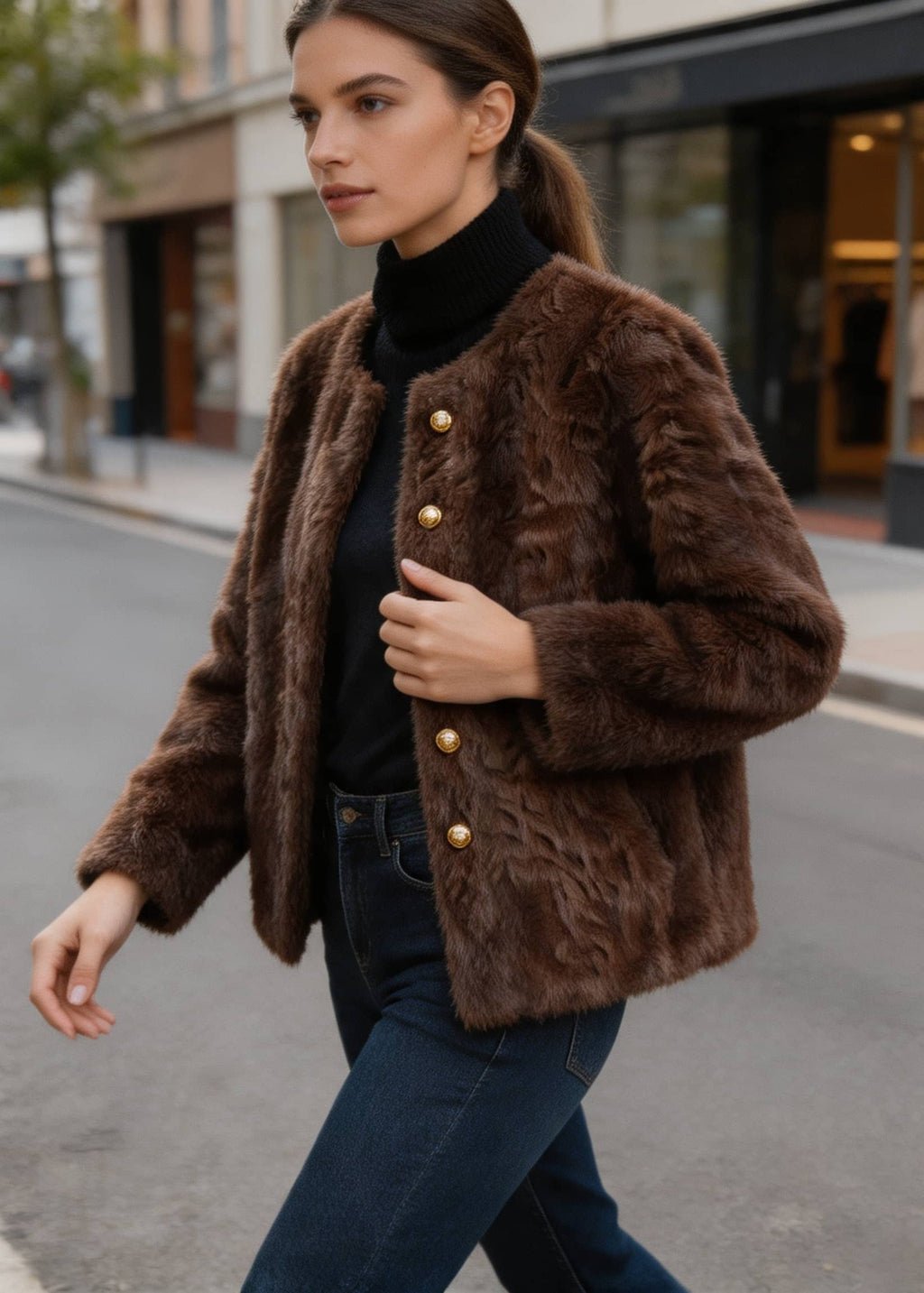 Three-quarter angle of a model wearing an open dark brown textured faux fur coat styled with jeans.