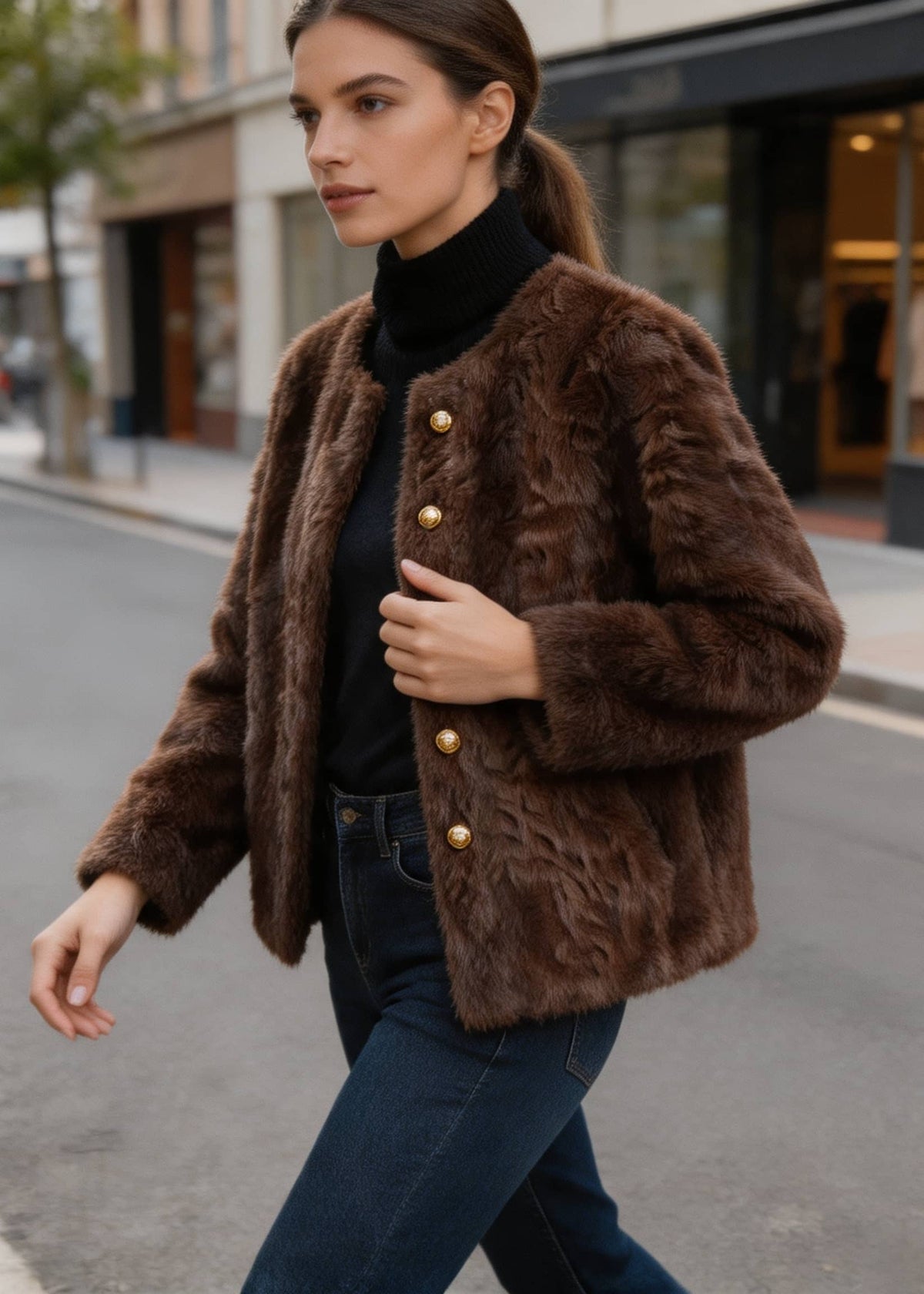 Three-quarter angle of a model wearing an open dark brown textured faux fur coat styled with jeans.