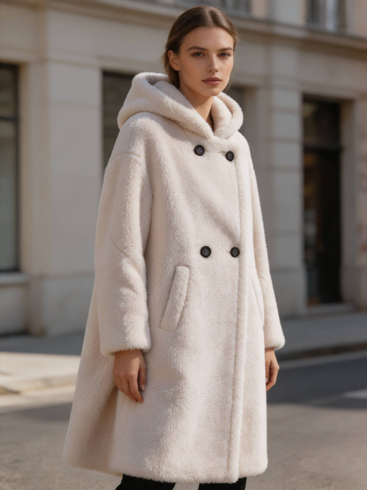 Front three-quarter view of a woman wearing a white hooded double-breasted plush shearling long coat outdoors.