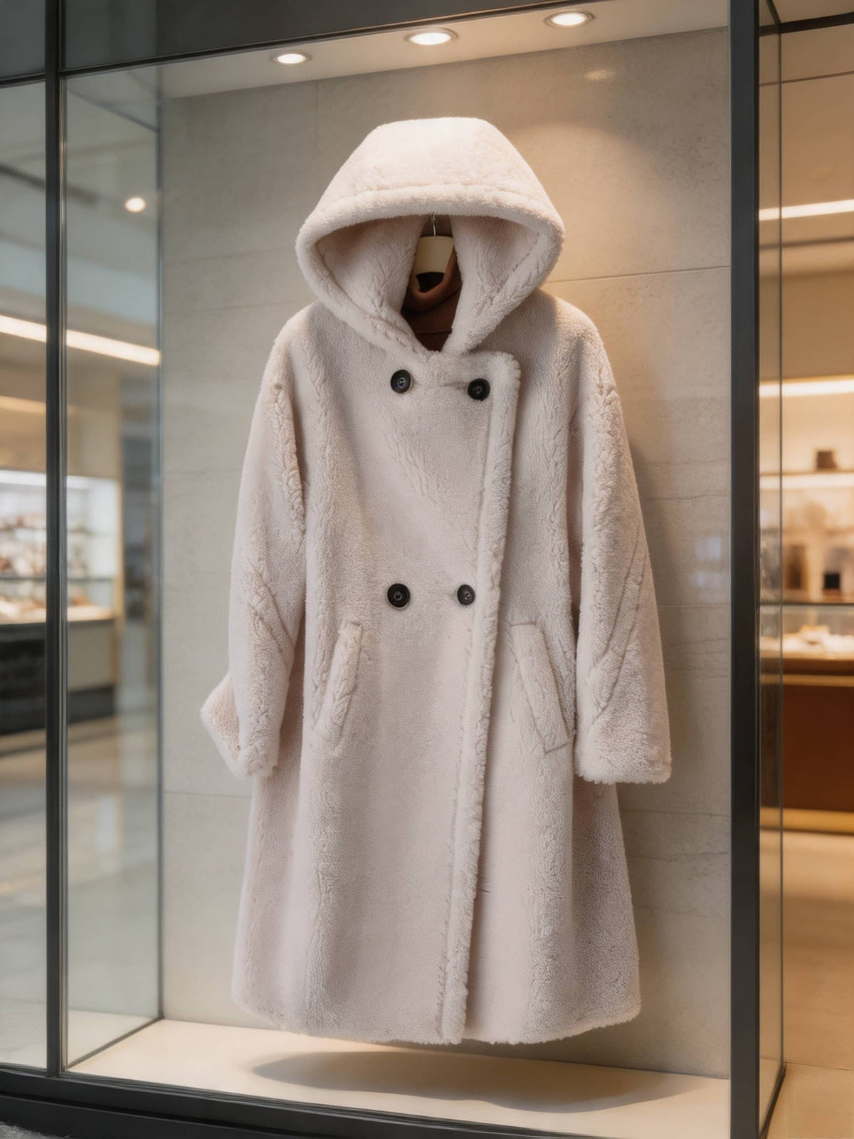 Front view product display of a women's cream-white hooded double-breasted plush shearling long coat hanging indoors.