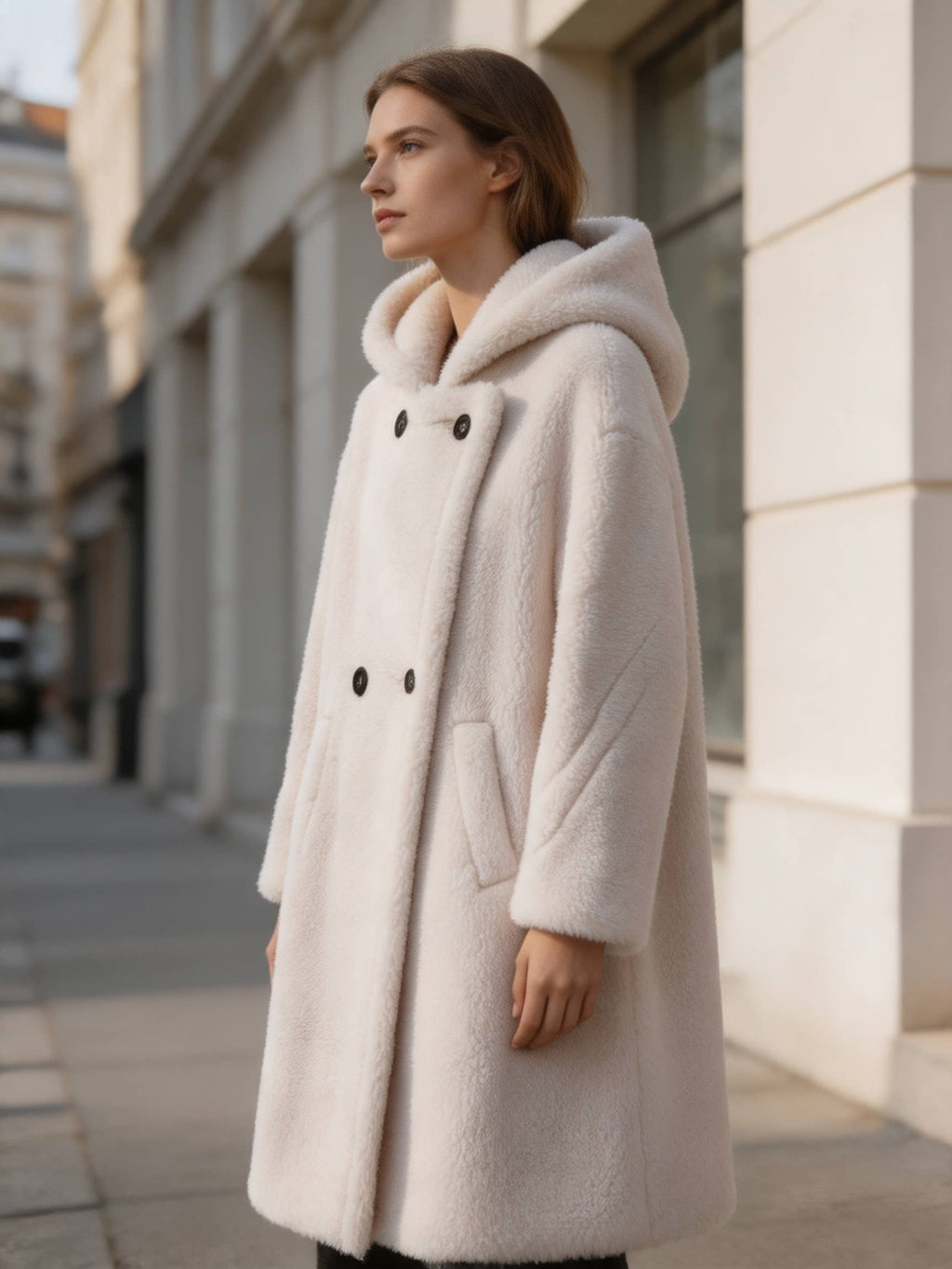 Side view profile of a model wearing a luxurious off-white hooded plush shearling teddy coat on a city street.