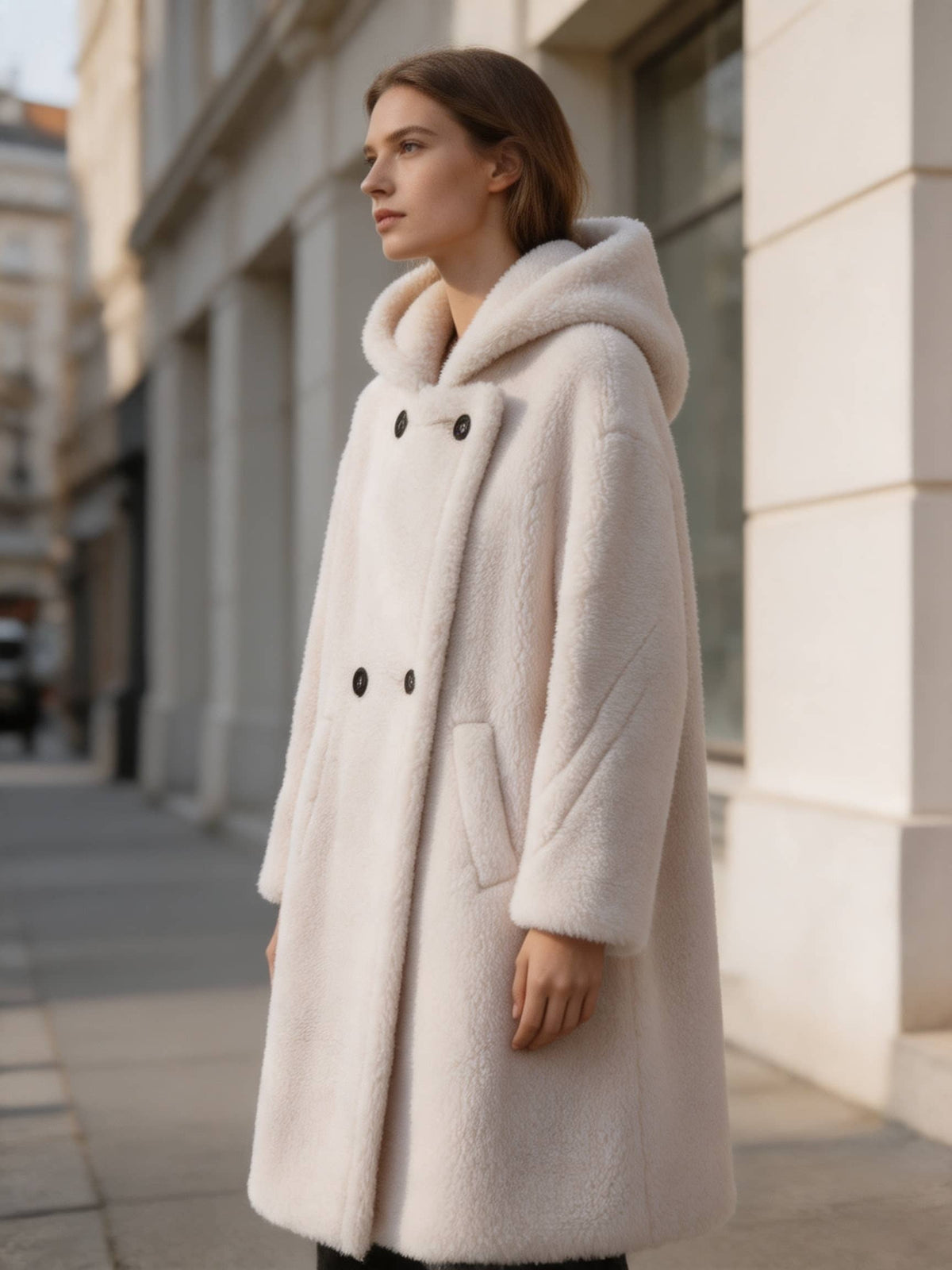 Side view profile of a model wearing a luxurious off-white hooded plush shearling teddy coat on a city street.