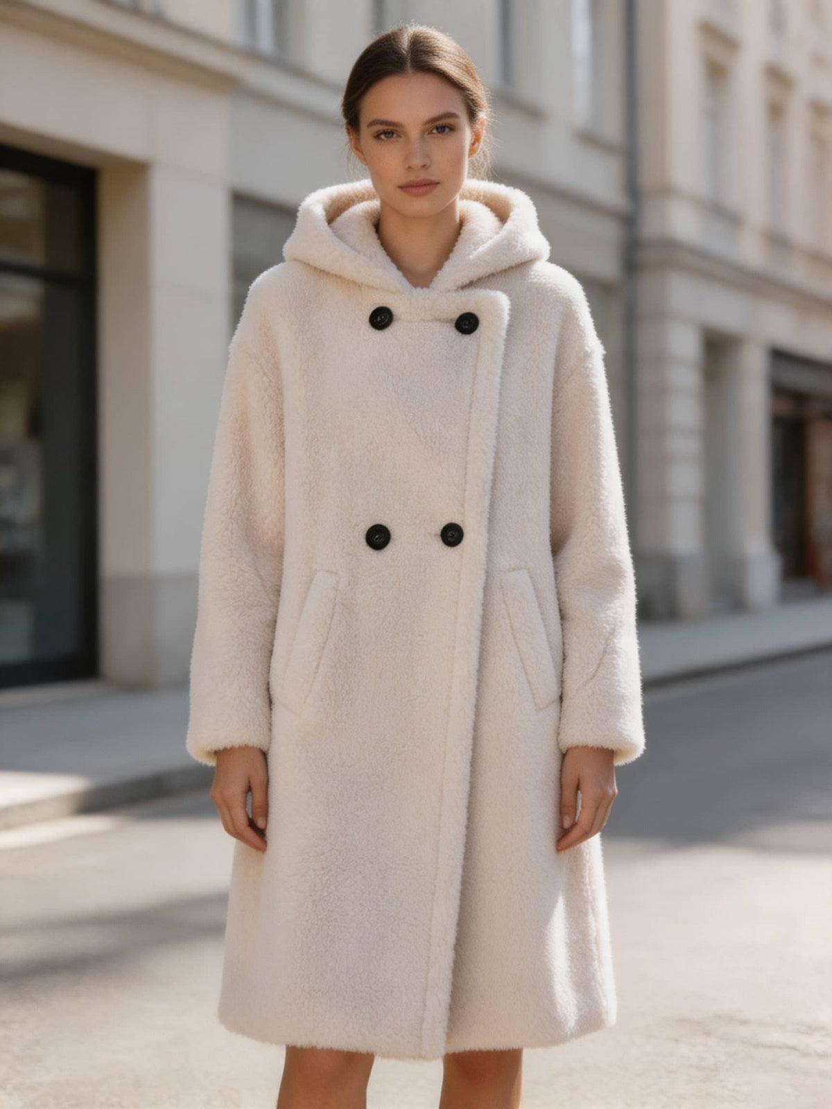 Full-length front view of a woman styled in an elegant white double-breasted hooded shearling fur long coat.