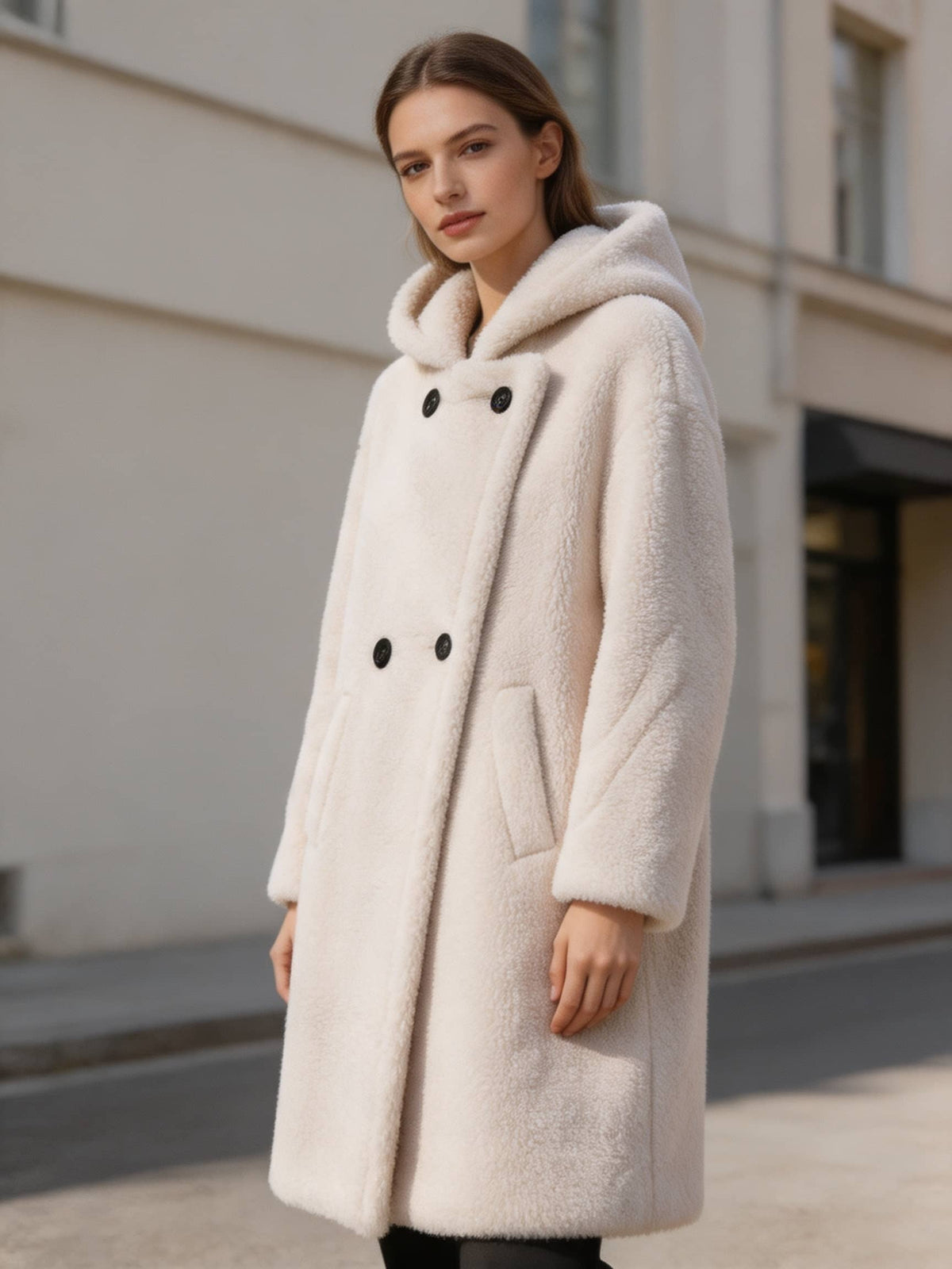 Close-up angled shot showing the texture, side pockets, and double-breasted buttons of a women's white plush hooded coat.