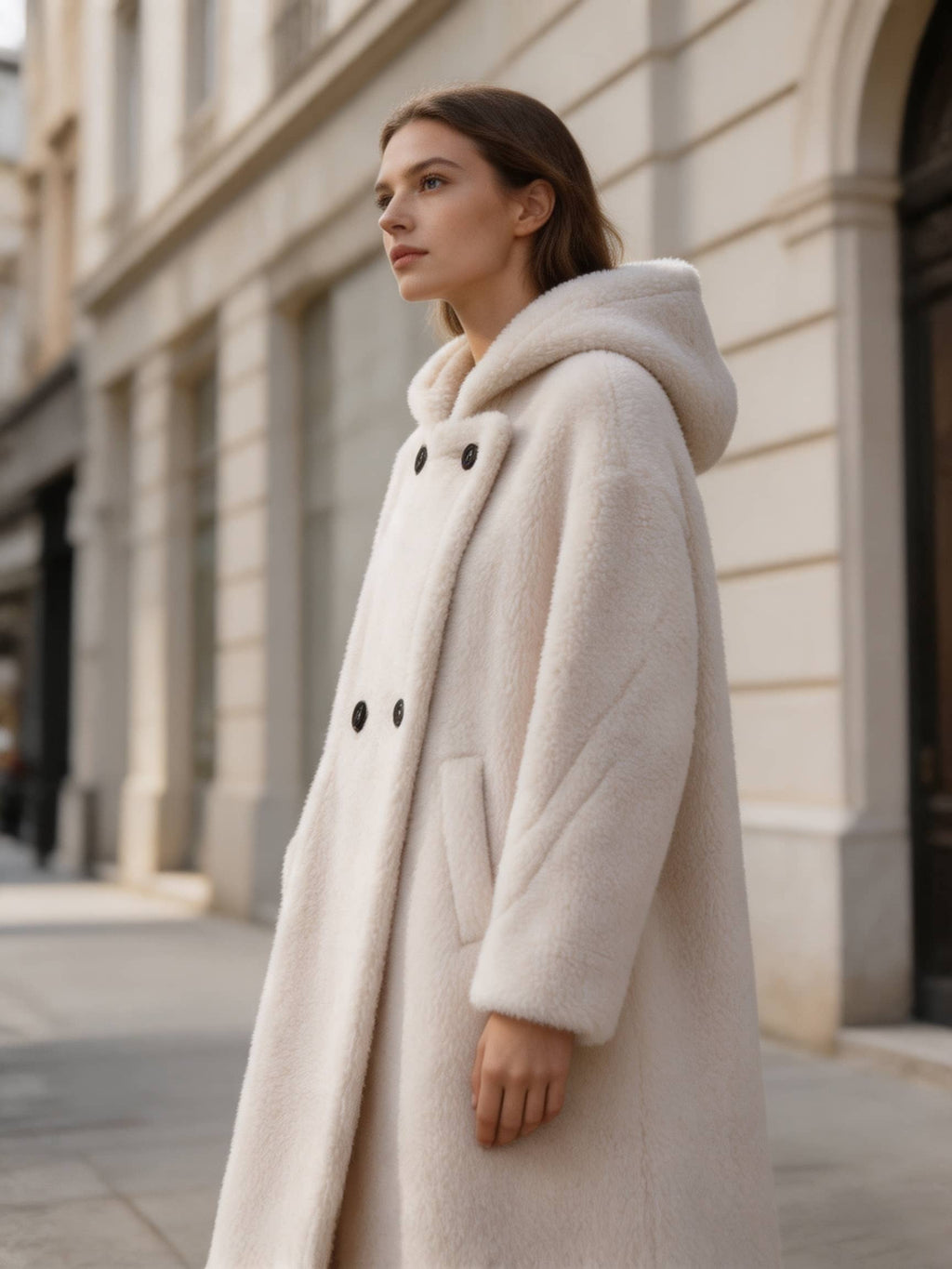 Low-angle side view of a model in a warm white hooded double-breasted shearling long coat walking outside.