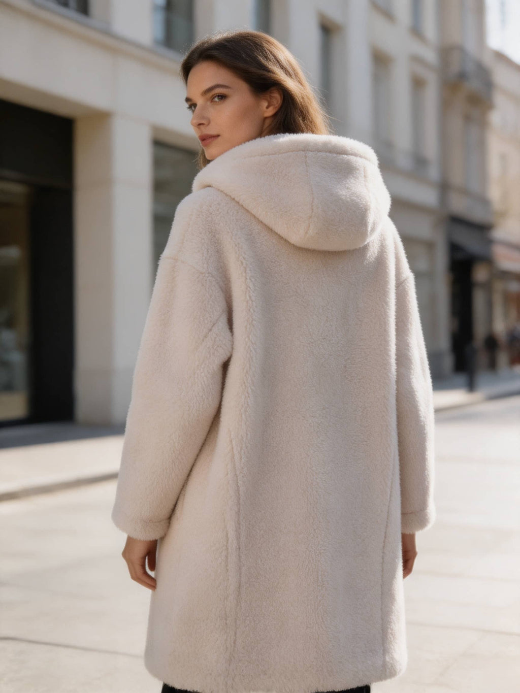 Back view over-the-shoulder shot of a woman wearing a white plush hooded shearling winter coat.