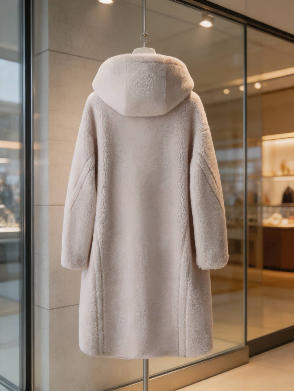 Back view display of a women's white hooded shearling plush long coat hanging in a boutique display case.