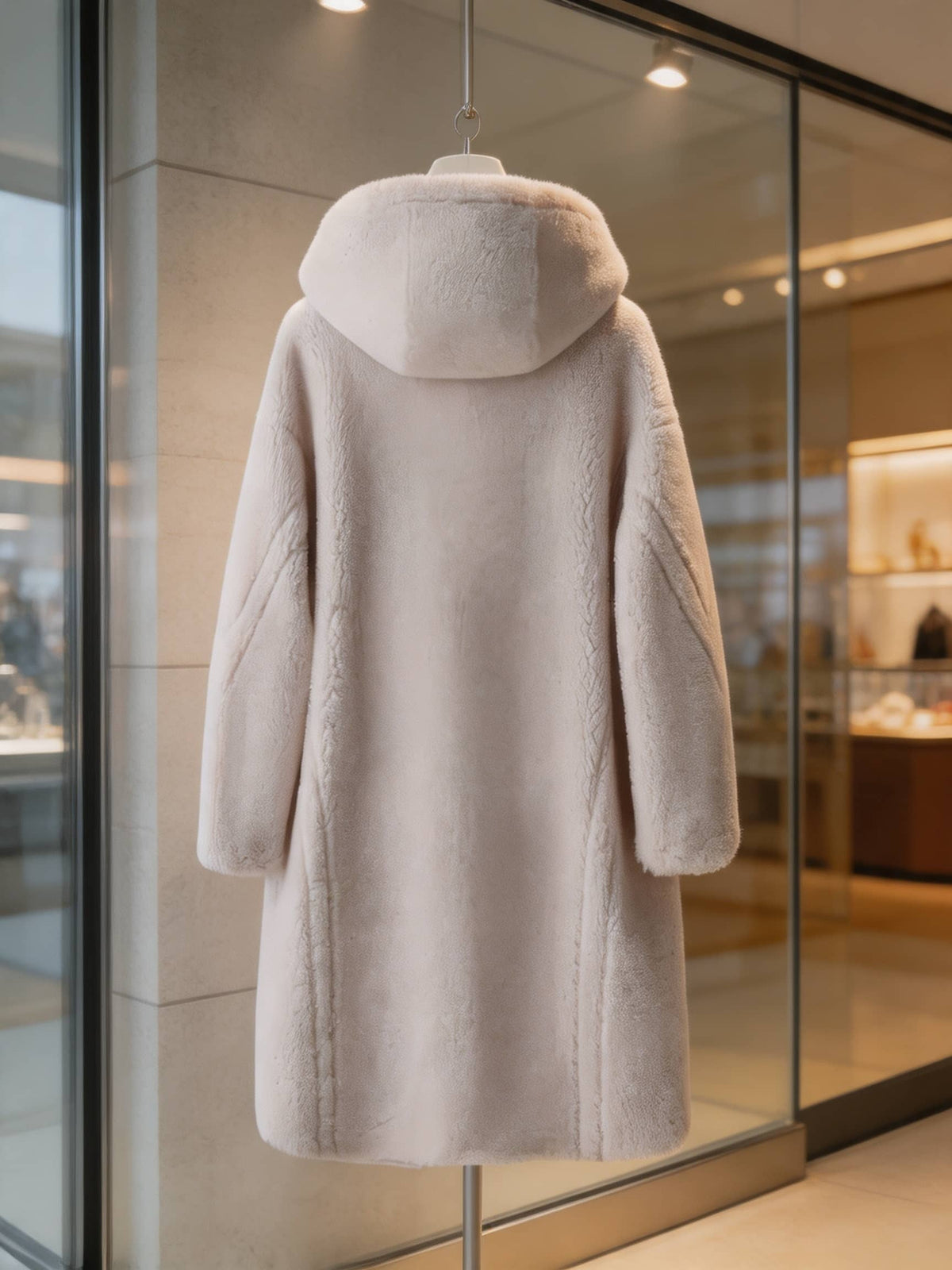 Back view display of a women's white hooded shearling plush long coat hanging in a boutique display case.