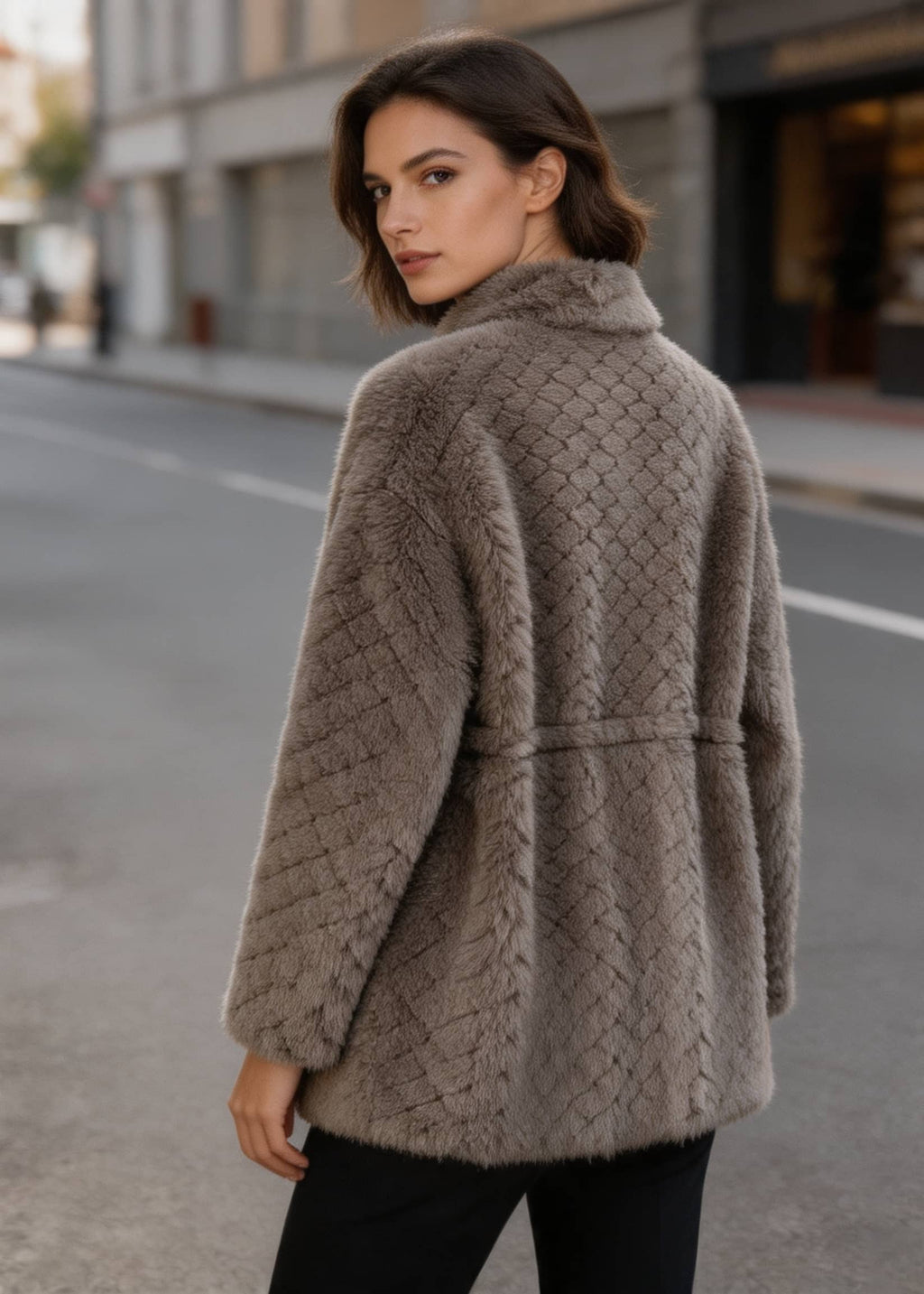 Back view of a woman wearing a taupe brown shearling wool coat with a diamond lattice pattern outdoors.