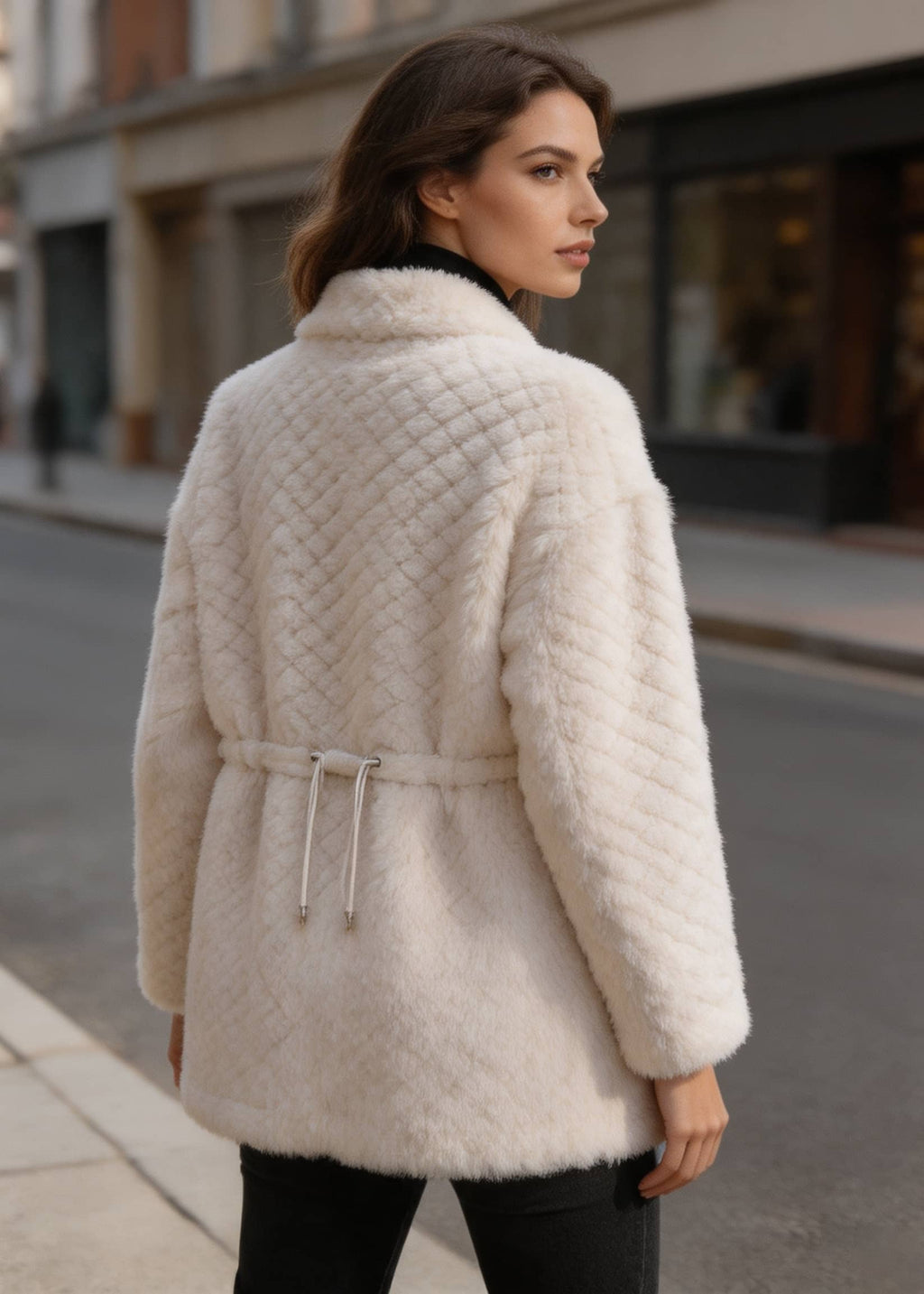 Back profile view of a woman wearing an off-white diamond lattice shearling wool coat with a drawstring waist outdoors.