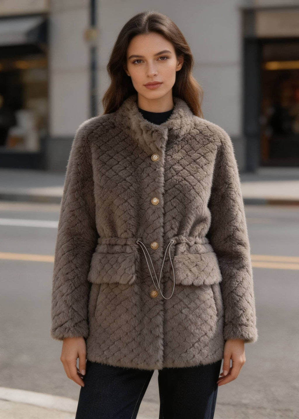 Front view of a brunette woman wearing a buttoned taupe brown shearling coat with a drawstring waist on a city street.