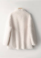Back view of an off-white diamond lattice shearling wool coat hanging against a plain white background.