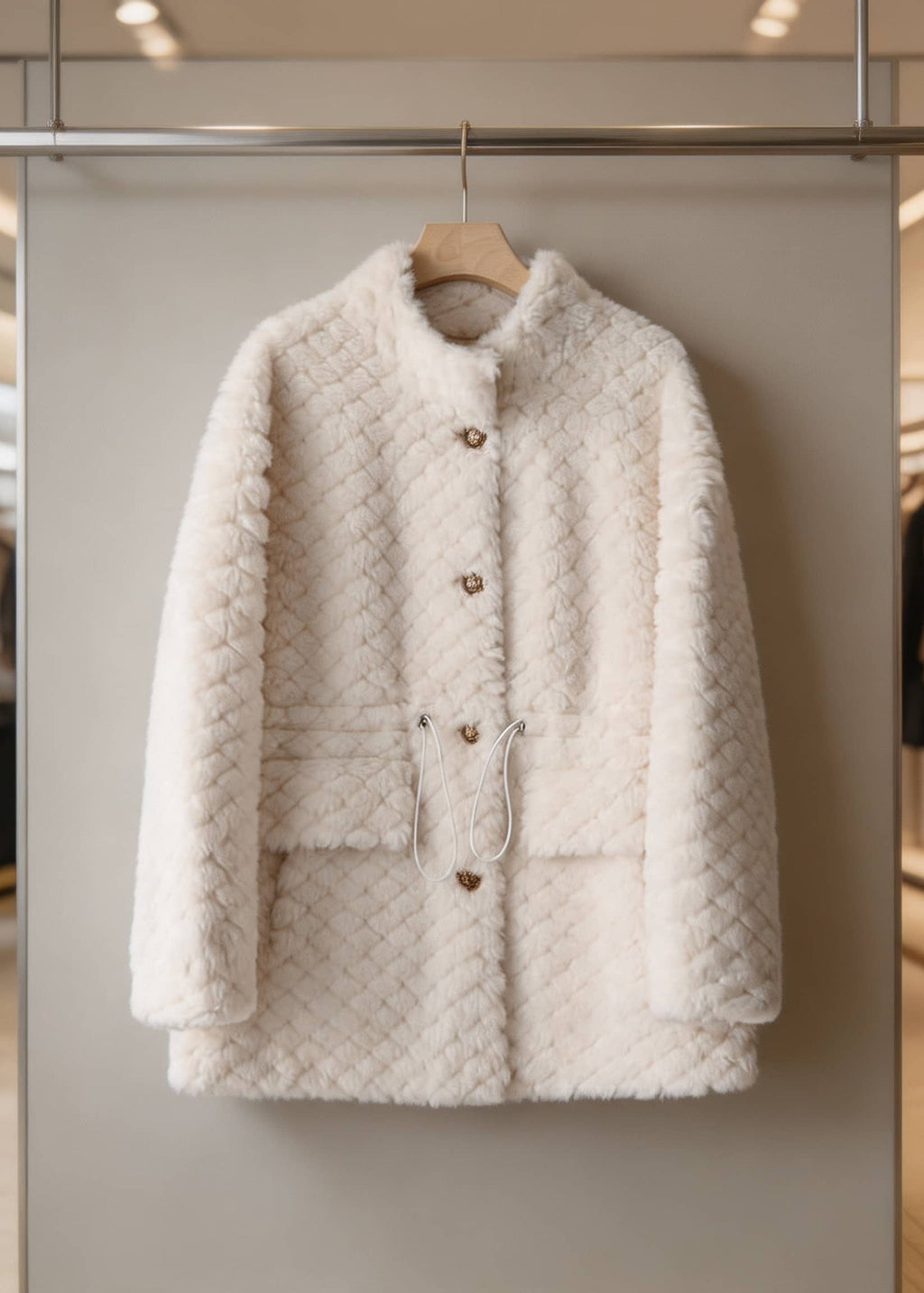 Front view of an off-white shearling wool coat featuring gold buttons and an adjustable drawstring waist on a rack.