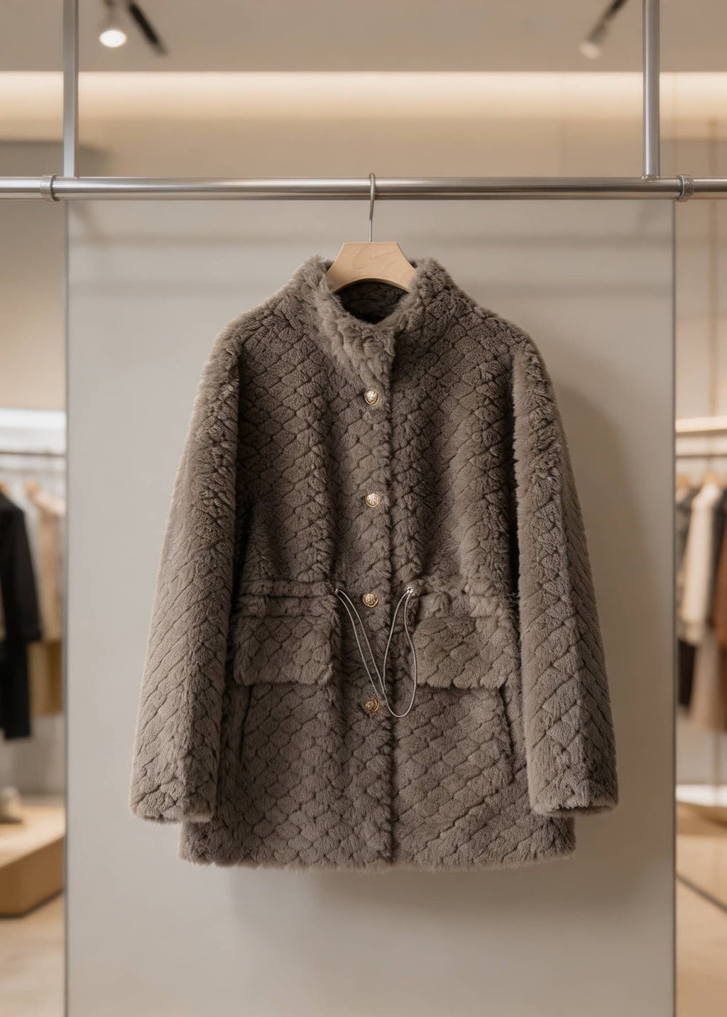 Front view of a taupe brown diamond lattice shearling coat with front pockets and drawstring details on a display hanger.