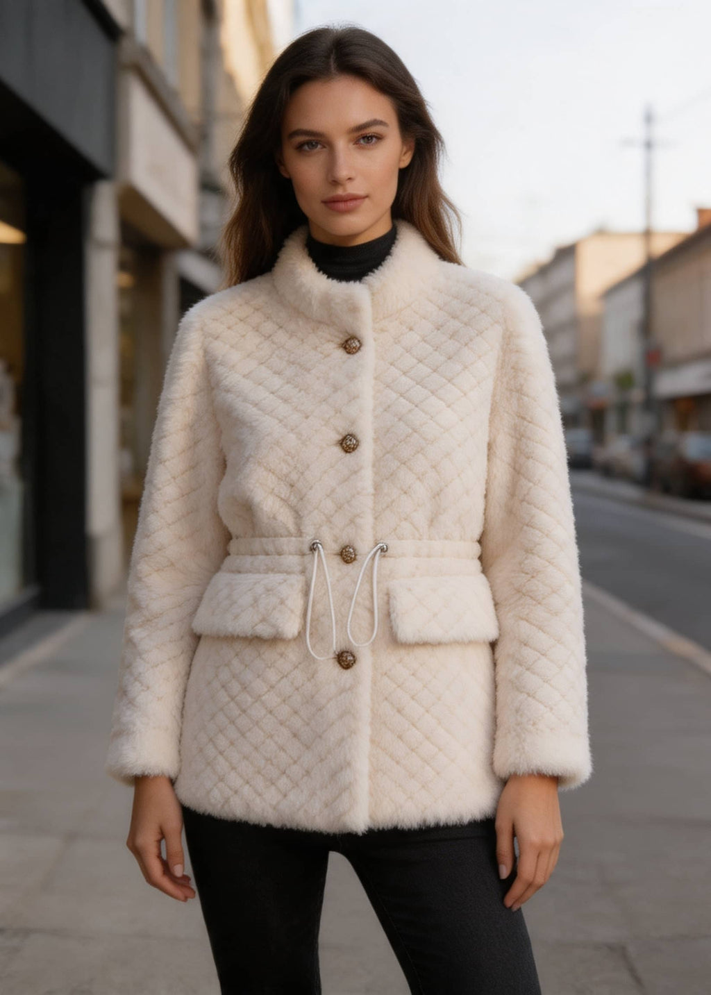 Front view of a female model wearing a winter off-white diamond lattice drawstring shearling wool coat on a city street.