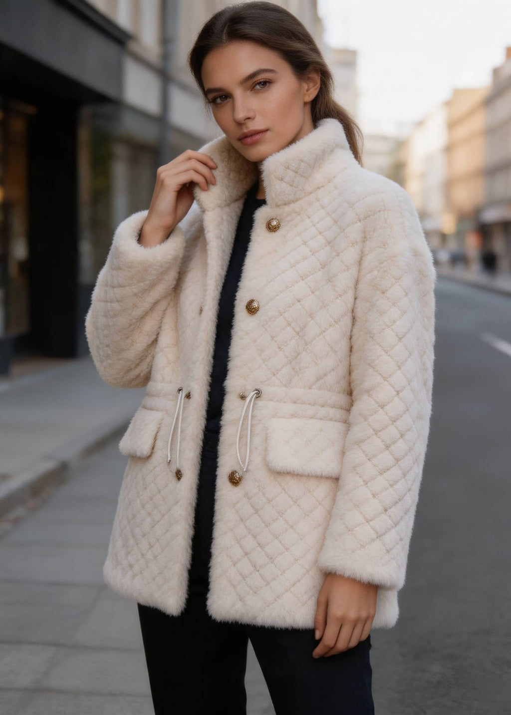 Side angle of a woman styling an off-white quilted shearling wool coat with a high collar and decorative buttons outdoors.