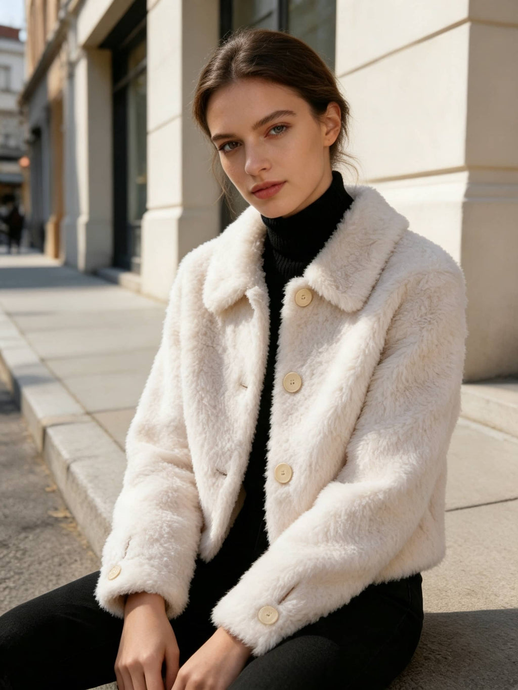 Close-up of a model sitting in an off-white fleece short jacket with lapel collar