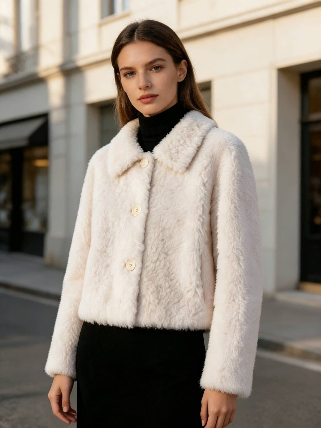 Front view of a woman wearing a cropped cream fluffy jacket paired with black trousers
