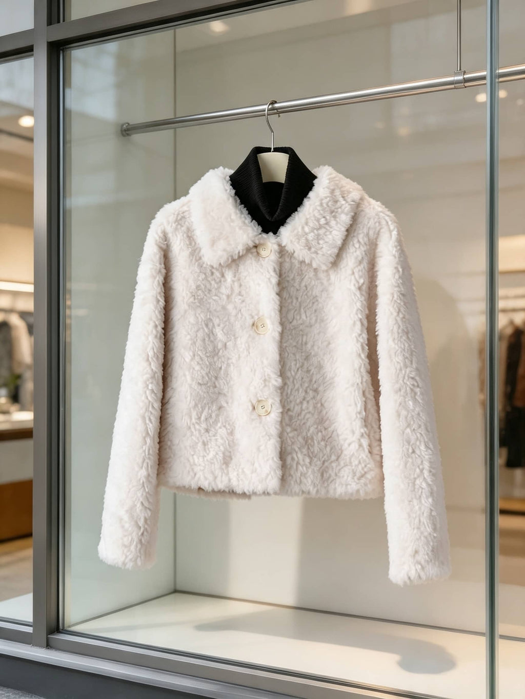 Cream faux shearling short coat displayed on a hanger in a store window