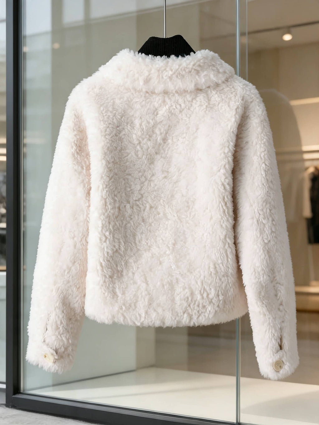 Back view of a women's off-white fluffy short coat hanging on a display rack