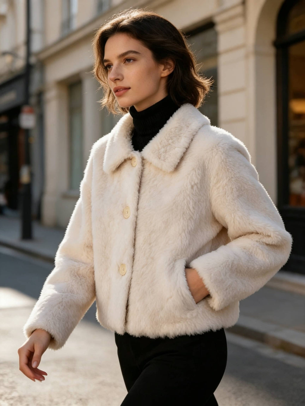Side profile of a woman walking in a cropped cream teddy fleece coat with hands in pockets