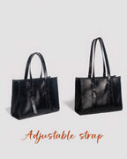 Side-by-side comparison of a black genuine leather tote bag showing the adjustable strap lengths for hand-carry and shoulder use.