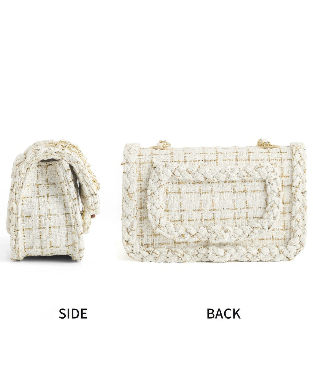 Side and back view of cream woven tweed crossbody bag with braided trim and back slip pocket