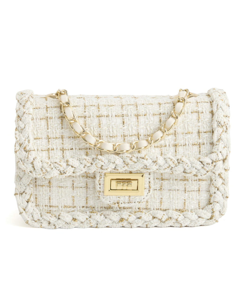Studio product shot of cream woven tweed crossbody bag with gold turn-lock closure on white background