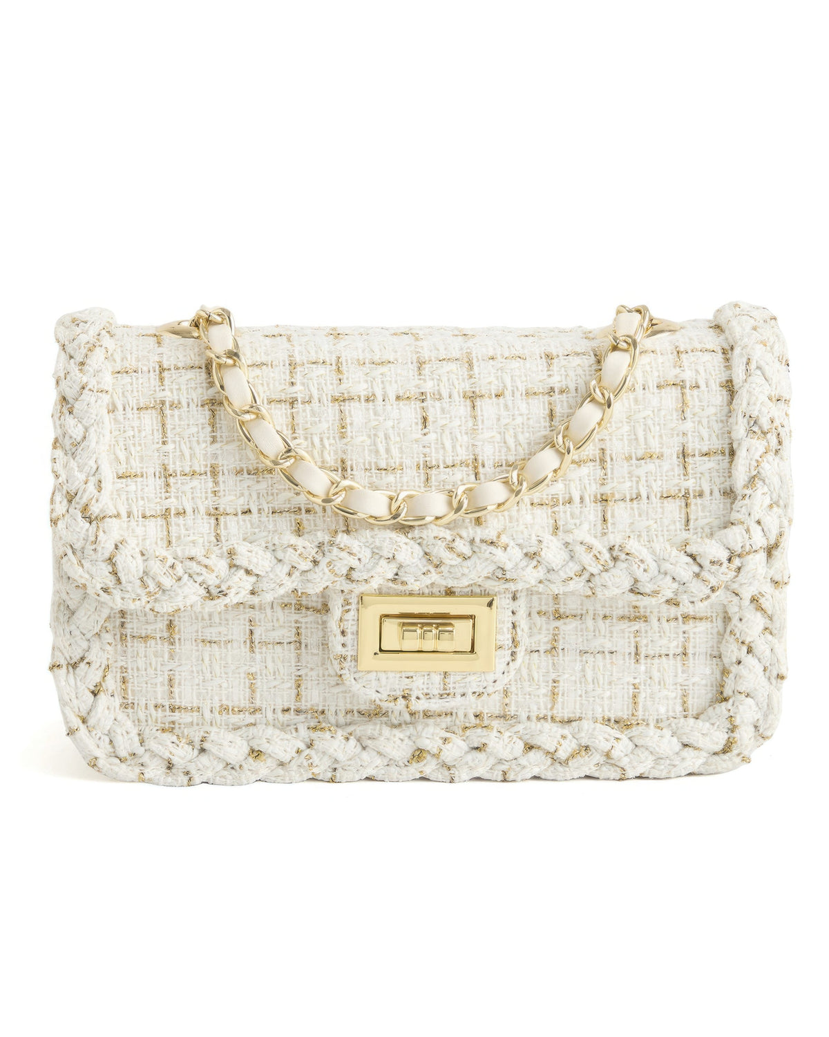 Studio product shot of cream woven tweed crossbody bag with gold turn-lock closure on white background